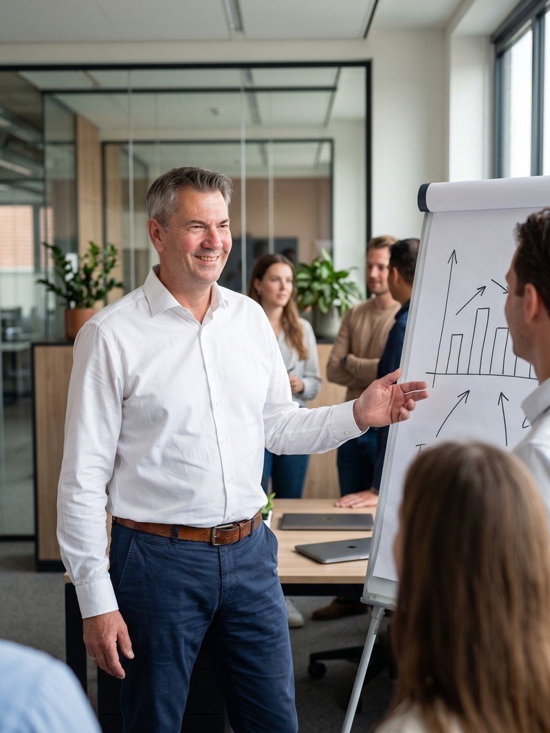 Roger Gretler präsentiert an einem Flipchart
